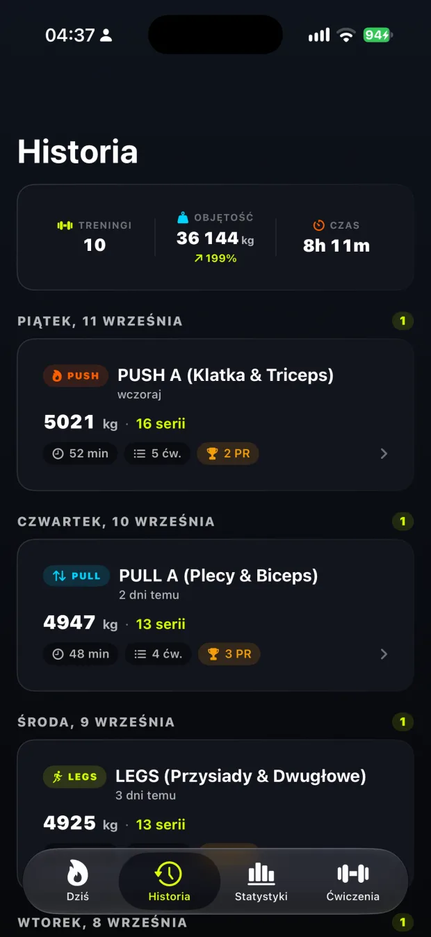 Kalendarz historii treningów